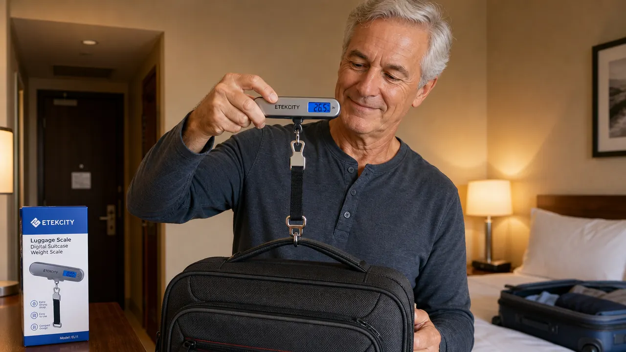 Close-up of digital luggage scale display reading 49.8 lbs while weighing a stuffed carry-on bag