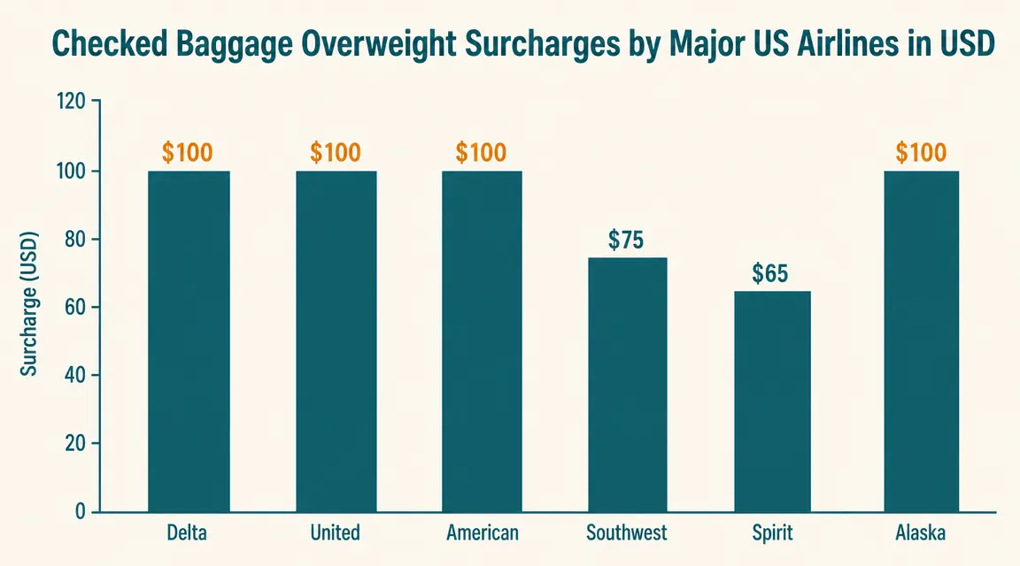 Chart showing airline overweight baggage fee comparison across major US carriers from $50 to $100