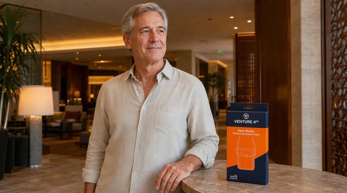 VENTURE 4TH neck wallet open on a wood table showing passport, credit cards, and folded cash in separate compartments
