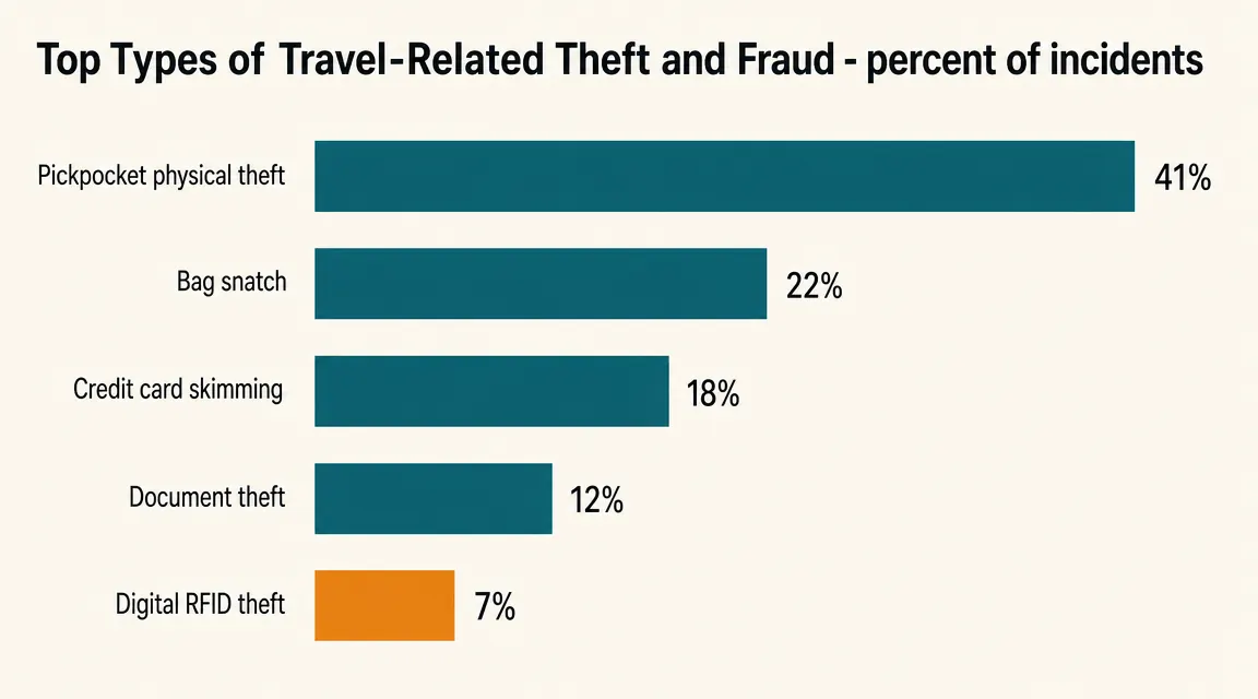 Map graphic showing high-pickpocket-risk cities in Europe and South America with icons for RFID skimming hotspots