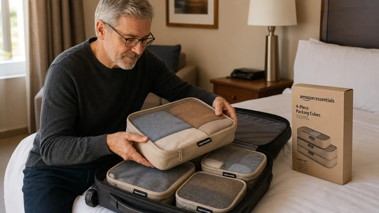Hand zipping up a filled Amazon Essentials packing cube sitting on top of a packed suitcase