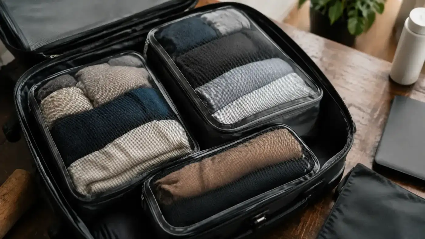 Organized suitcase interior showing packing cubes stacked neatly inside a carry-on bag at an airport gate