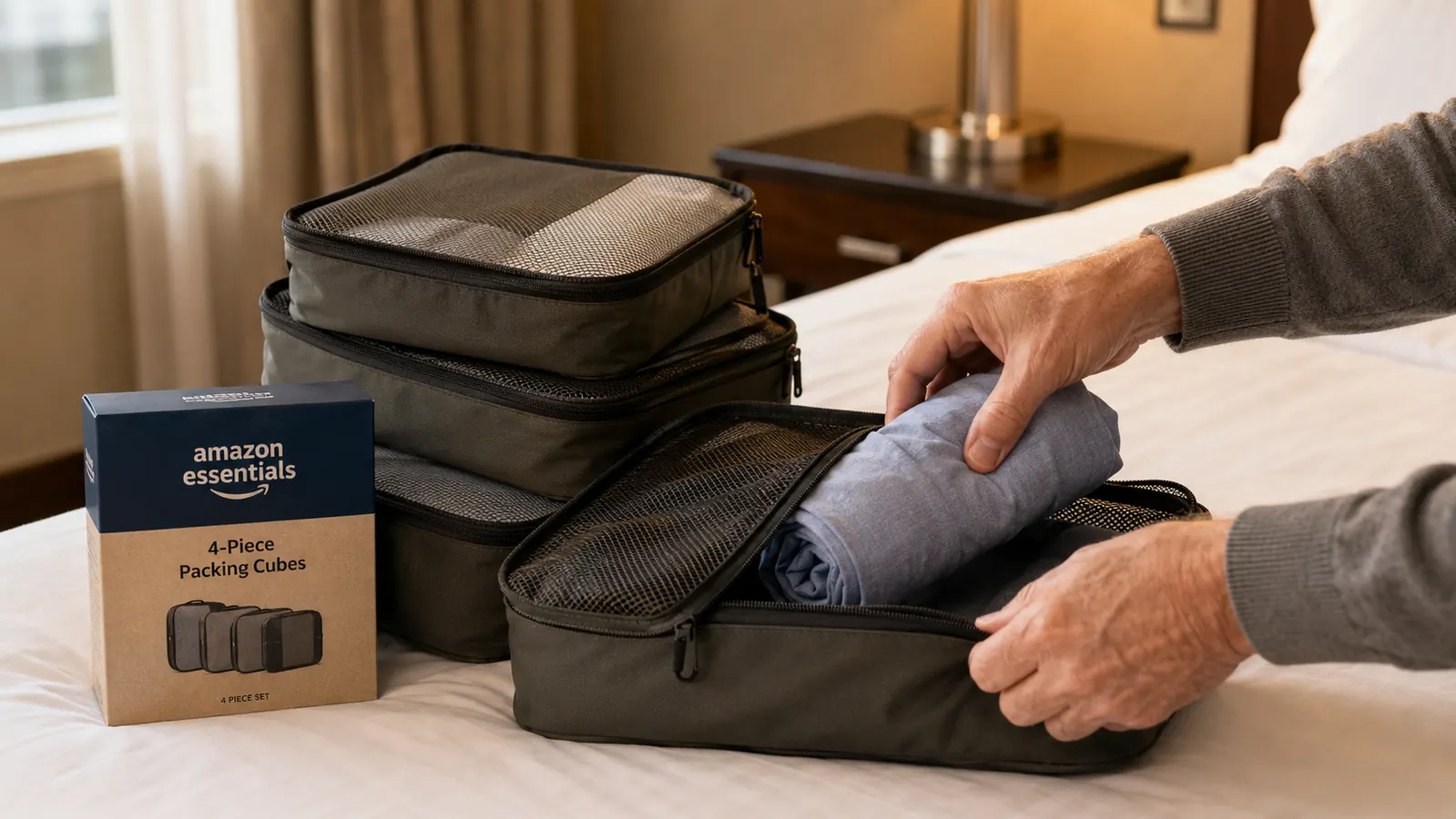 Close-up of the mesh top panel and double zipper on an Amazon Essentials packing cube