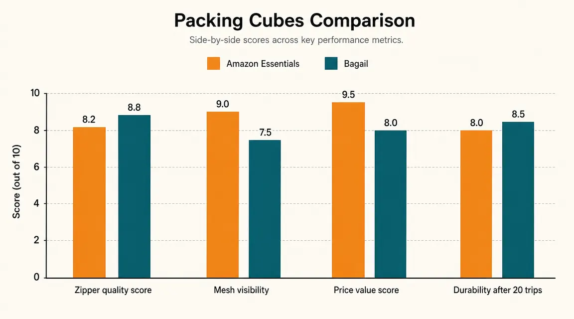 Side-by-side chart comparing price, capacity, zipper type, and material between Amazon Essentials and BAGAIL packing cubes