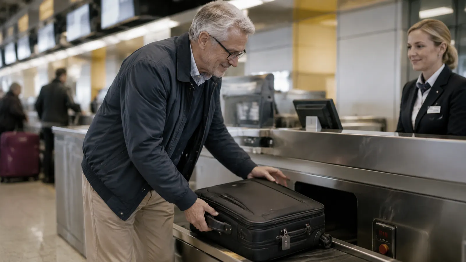 Traveler checking scale reading at airport check-in counter before handing bag to agent