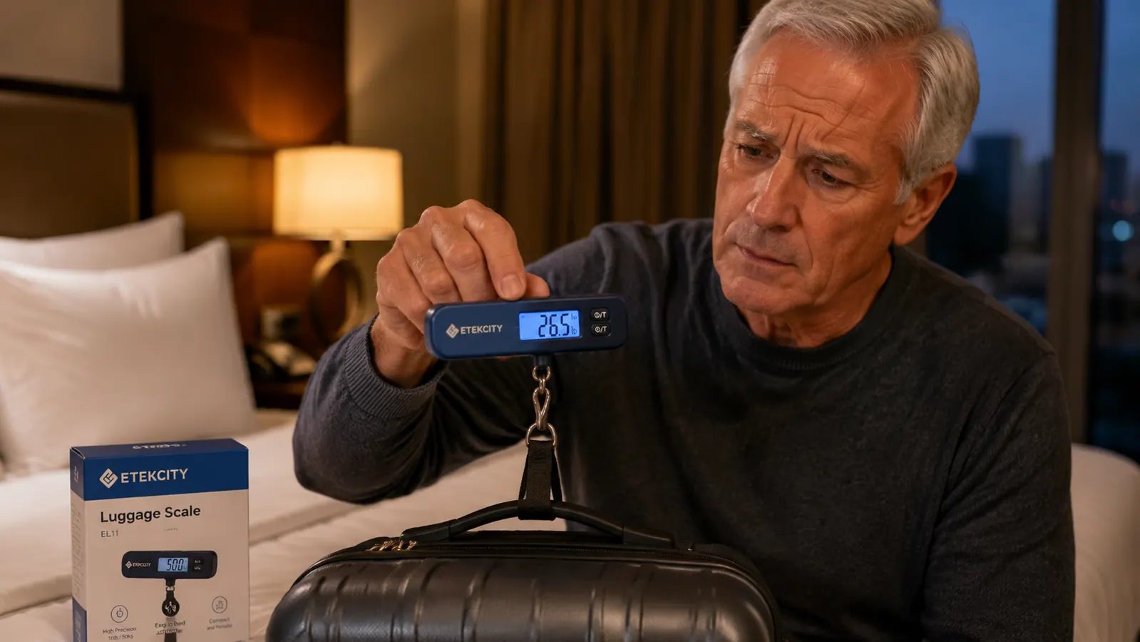 Etekcity digital luggage scale clipped to a suitcase handle showing 49.8 pounds on its display