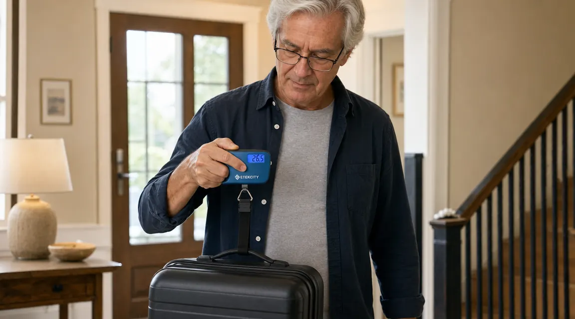 Close-up of an Etekcity digital luggage scale display reading 49.6 pounds while a bag hangs from the strap