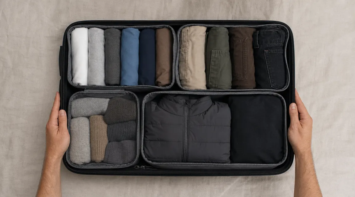 Seven days of clothes laid flat on a bed before being packed, organized by category