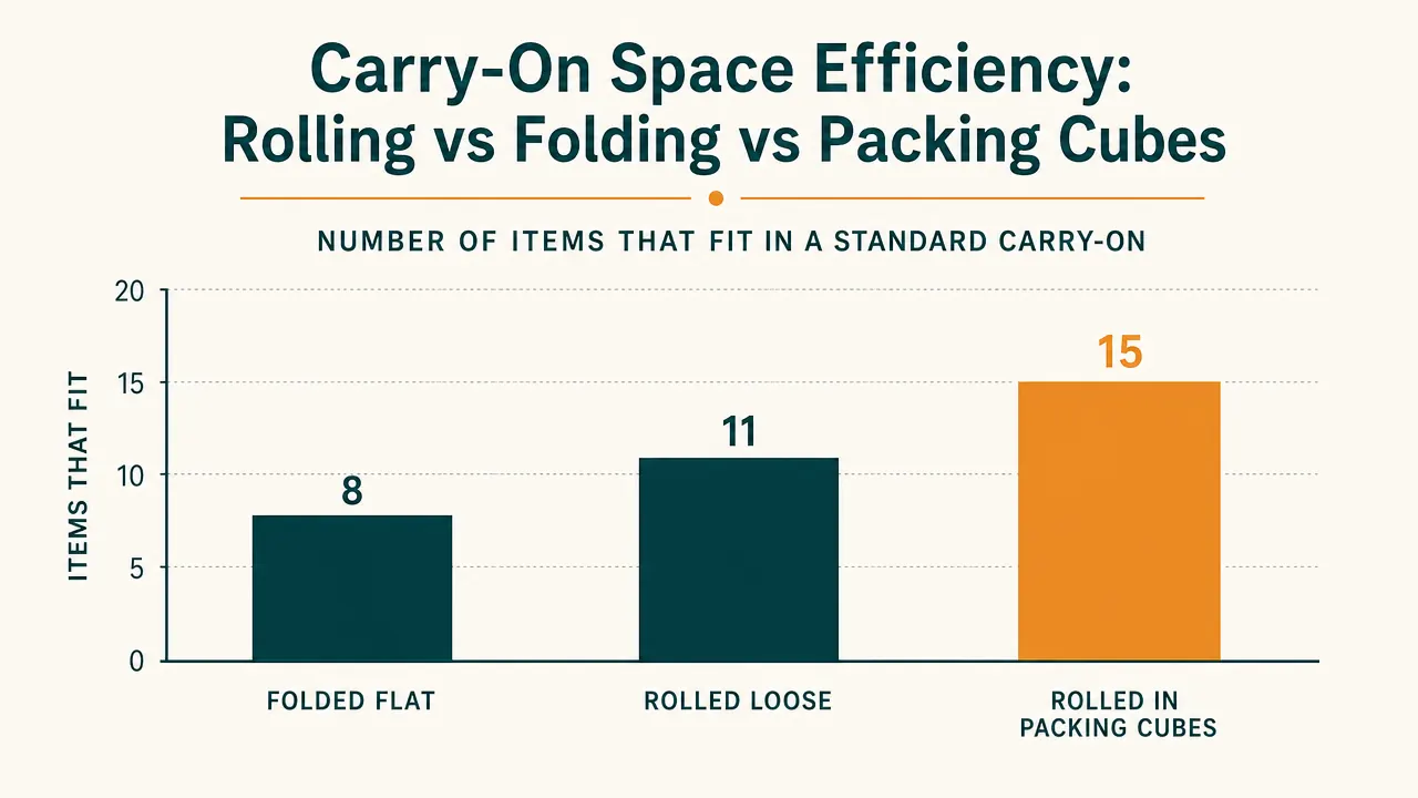 Chart showing how clothes fit across three packing cube sizes for a seven-day trip