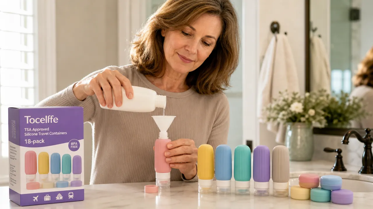 Hands filling a small silicone travel bottle with shampoo from a large pump bottle