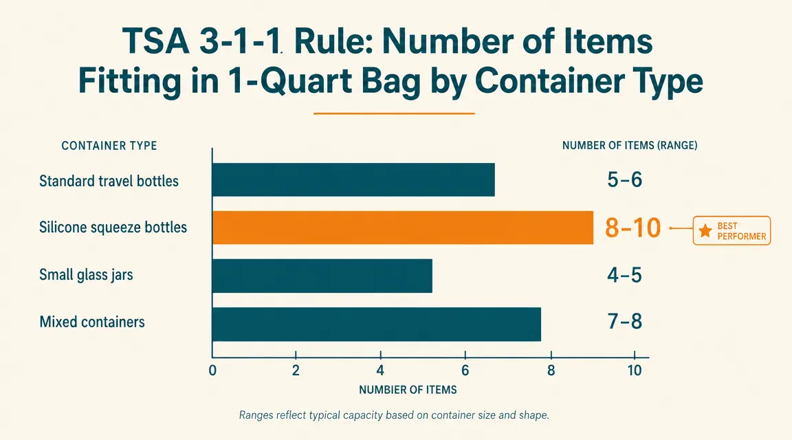 Chart showing the TSA 3-1-1 rule with 3.4 oz, 1 quart bag, and 1 bag per passenger labeled