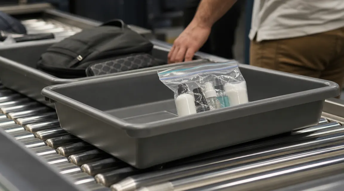 Traveler placing a clear quart bag of toiletries into a security bin at an airport checkpoint