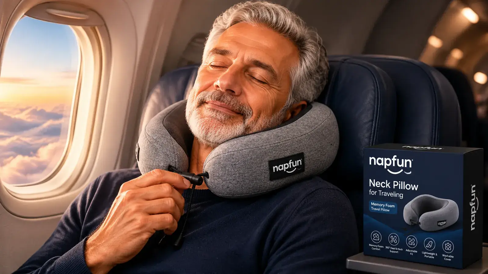 Hands adjusting a memory foam travel neck pillow before putting it on in an airport terminal seat