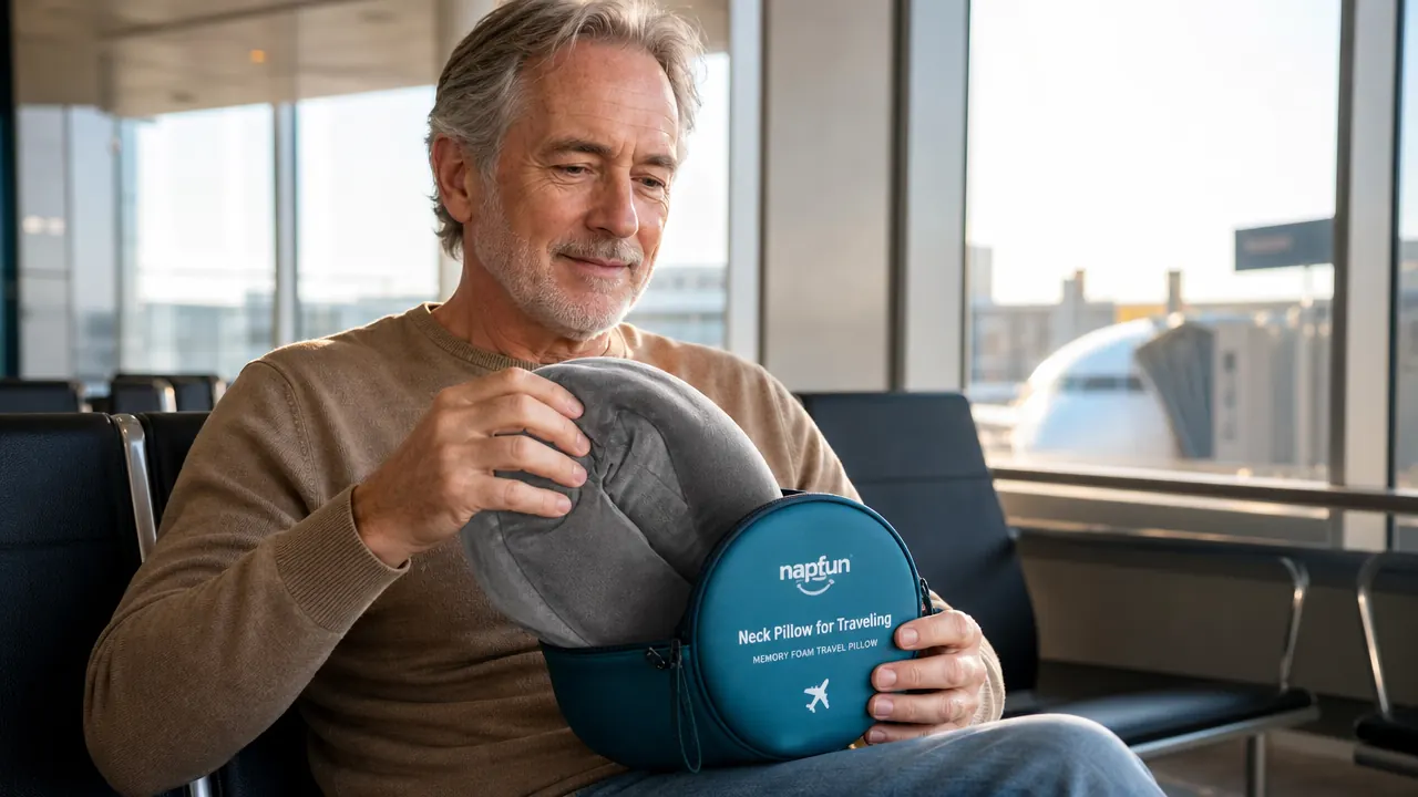 Memory foam travel pillow in its compression carry bag clipped to a backpack strap at an airport gate