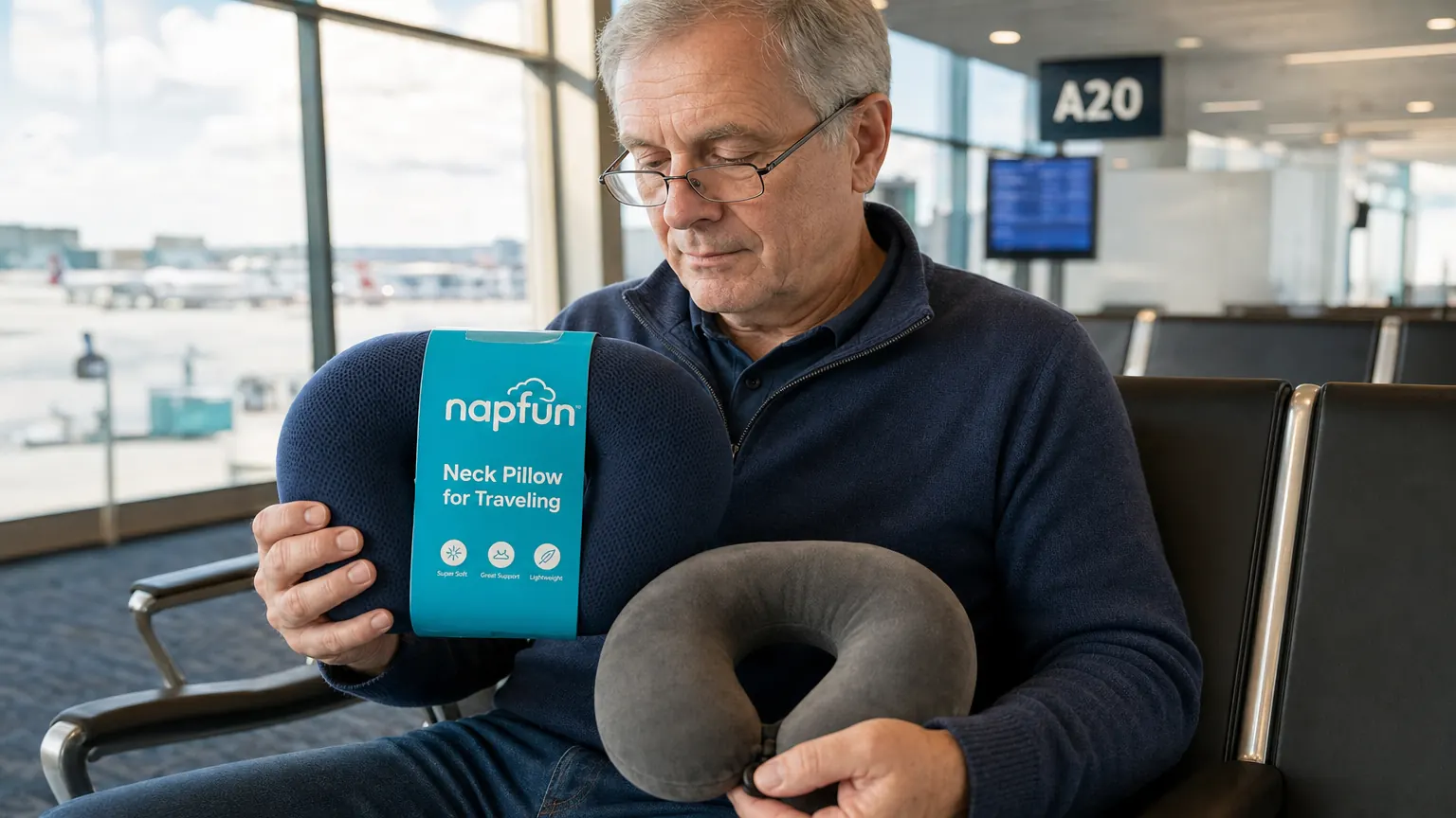 Traveler wearing the napfun memory foam neck pillow while seated in an airplane window seat, head resting naturally to the side