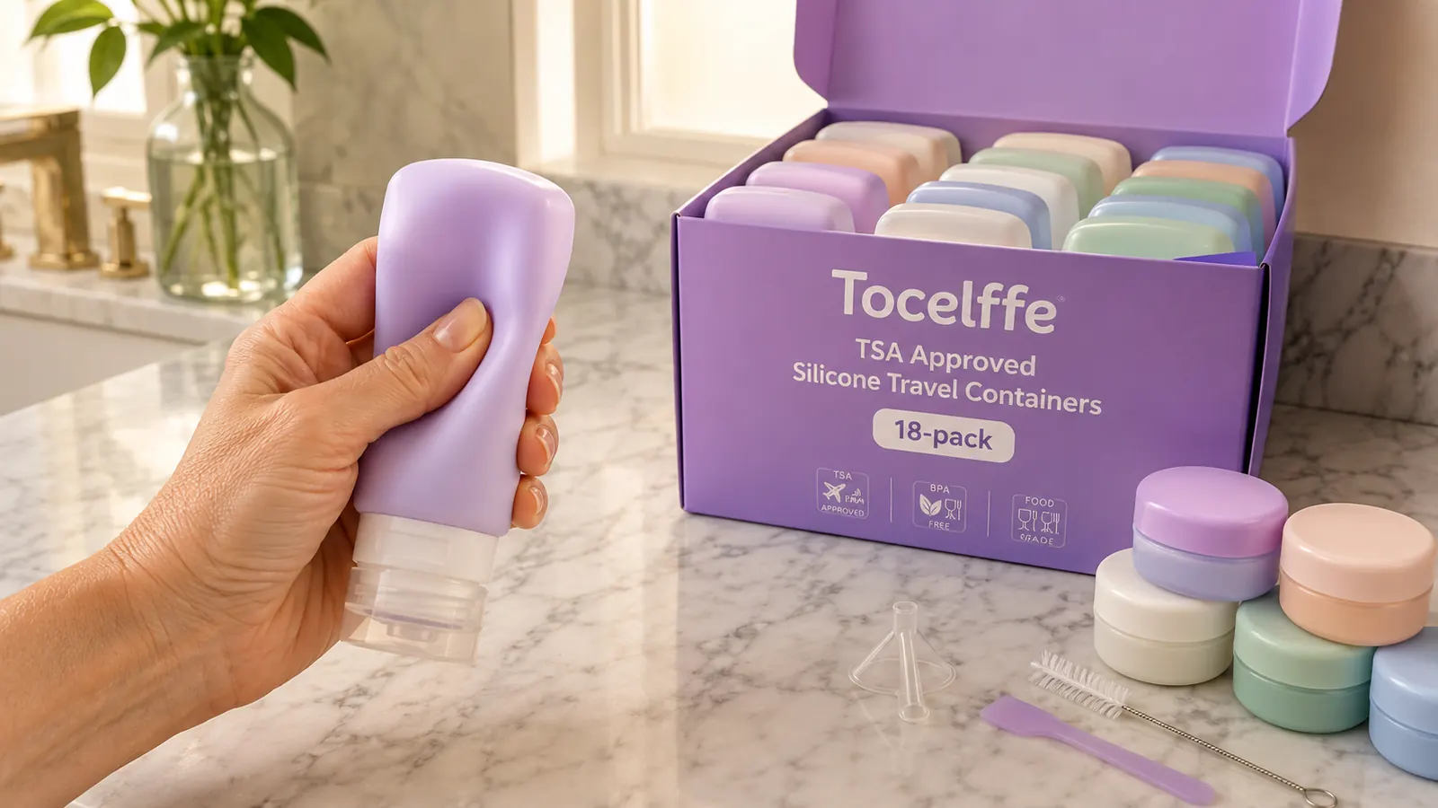 Hand using a small funnel to fill a silicone travel bottle from a shampoo bottle