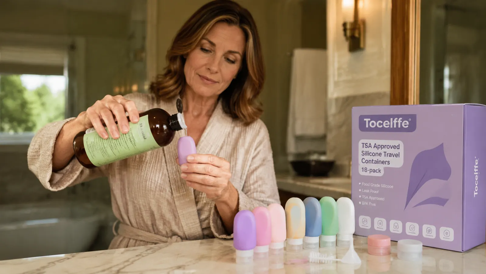 Hands filling a small silicone travel bottle with shampoo over a bathroom sink