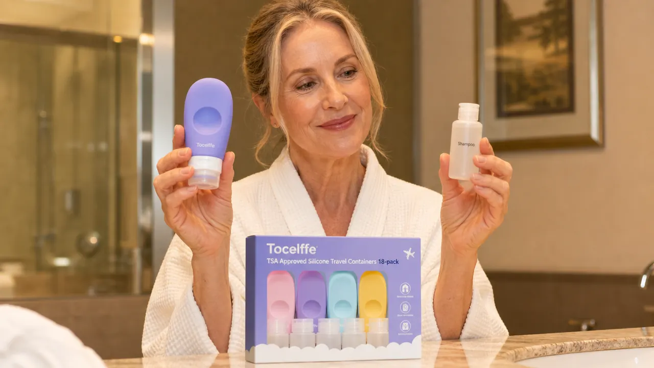 Hand filling a small silicone travel bottle from a full-size shampoo bottle at home before a trip