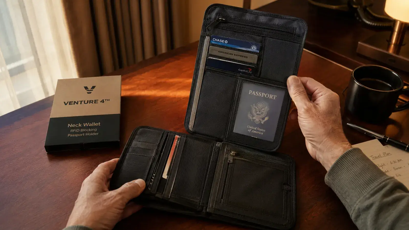 VENTURE 4TH neck wallet laid flat next to a passport and two credit cards